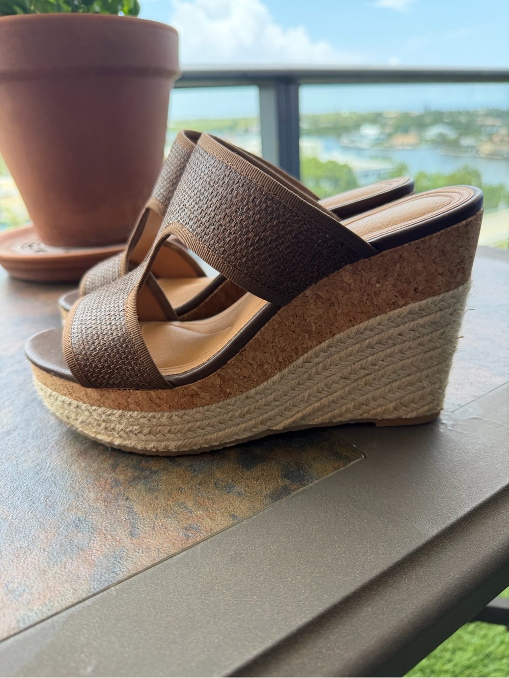 Adrienne Vittadini Brown Woven Espadrille Wedge Slides